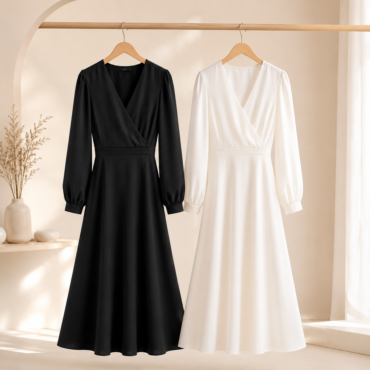 Elegant Wrap Midi Dress – Black & Ivory